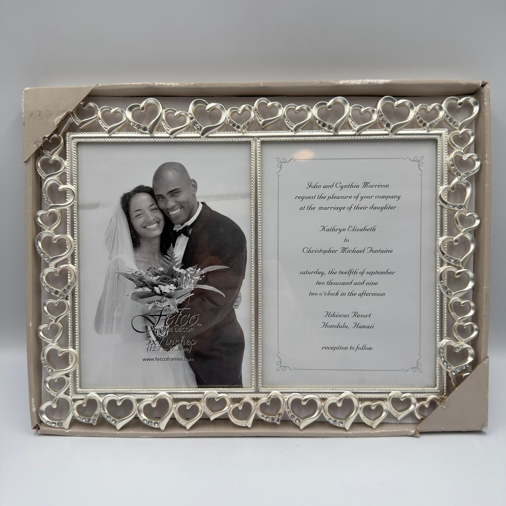 Fetco Home Decor Open Heart Double Picture Frame Silver Rhinestone 5x7 273057D